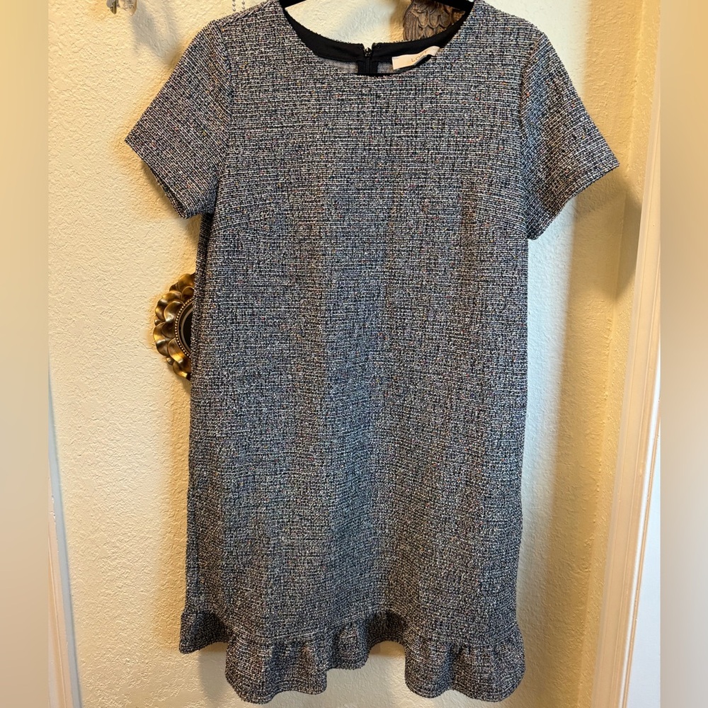 LOFT Black and Gray Tweed Midi Dress with Ruffle Hem